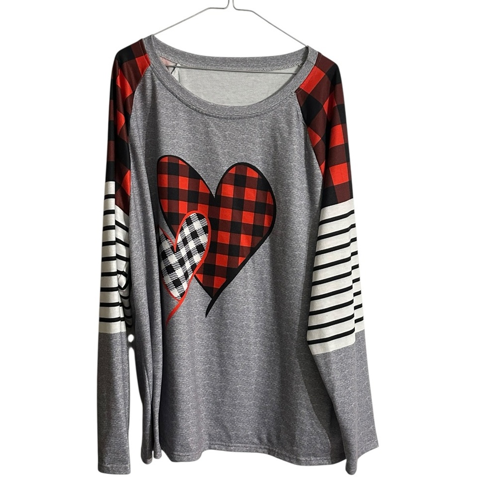 Plaid Heart Long Sleeve Top - Gray and Red